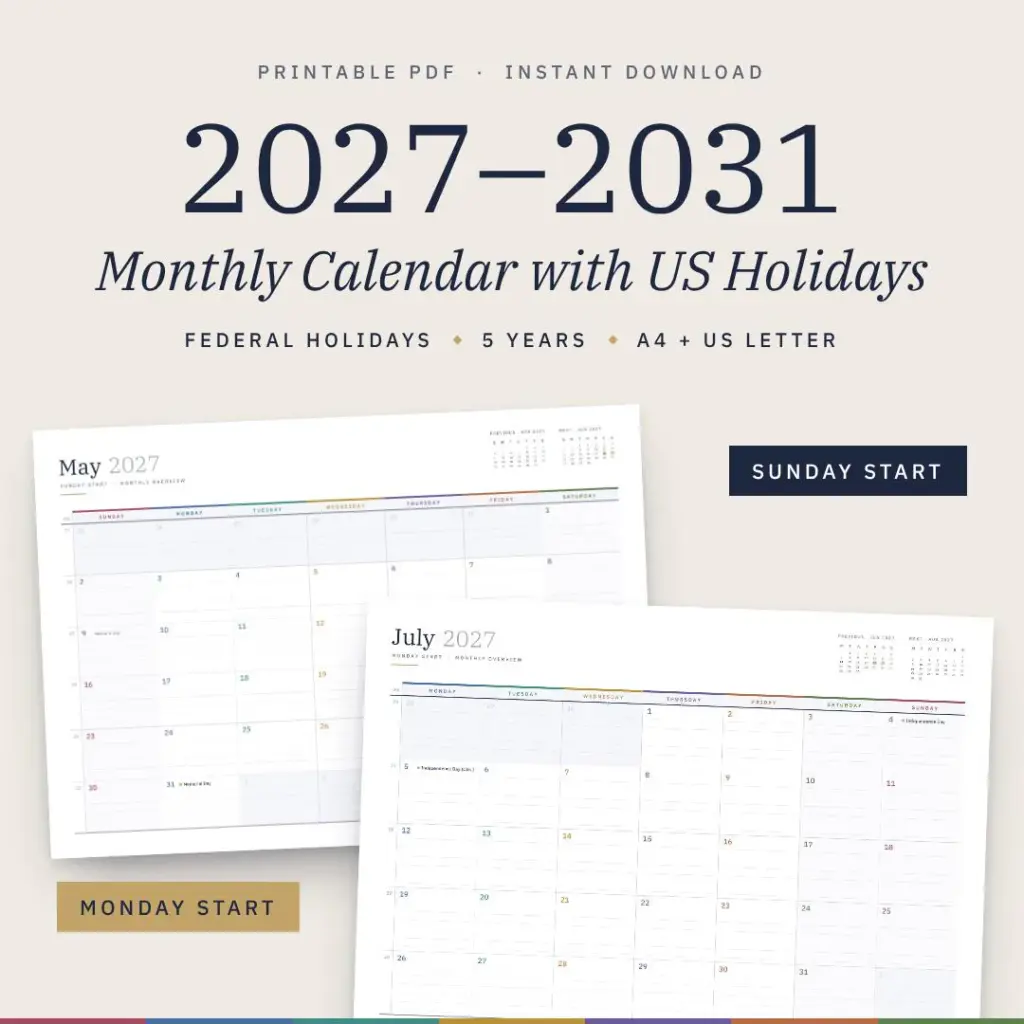 National Days 2027 Printable Calendar