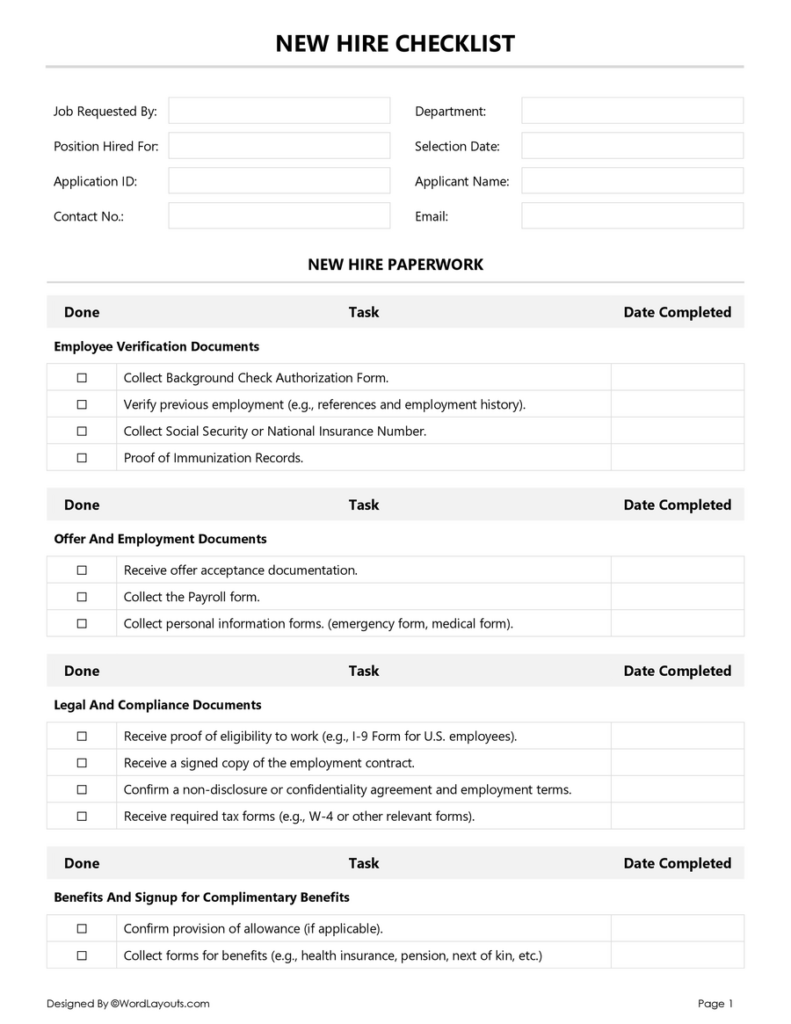 New Hire Onboarding Checklists