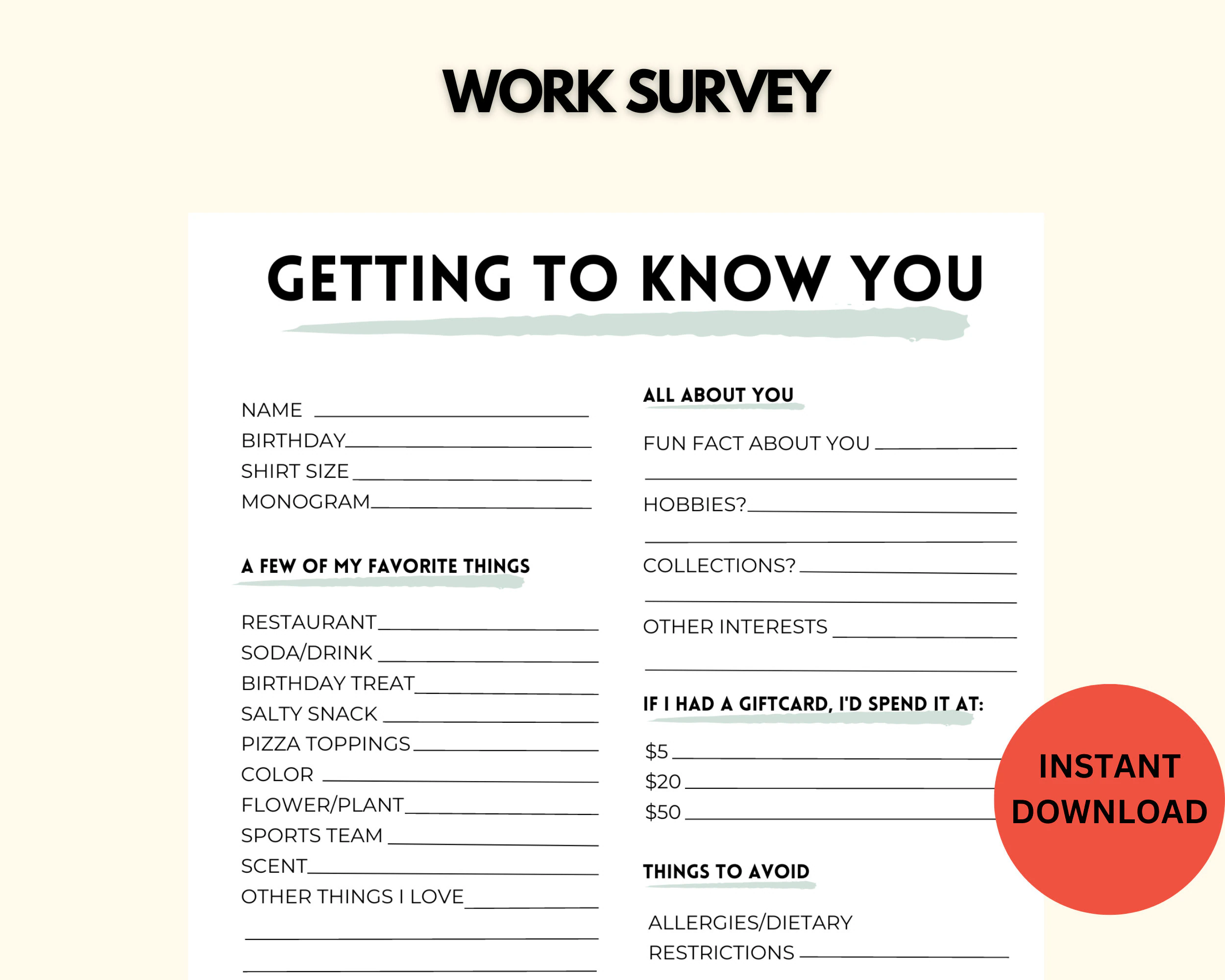 New Team Member Survey All About Me