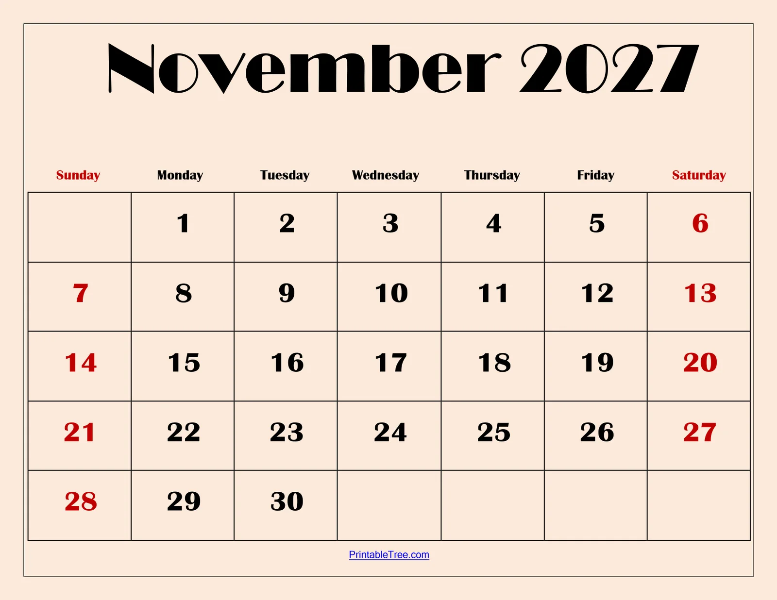 November 2027 Calendar Printable November 2027 Calendar Printable