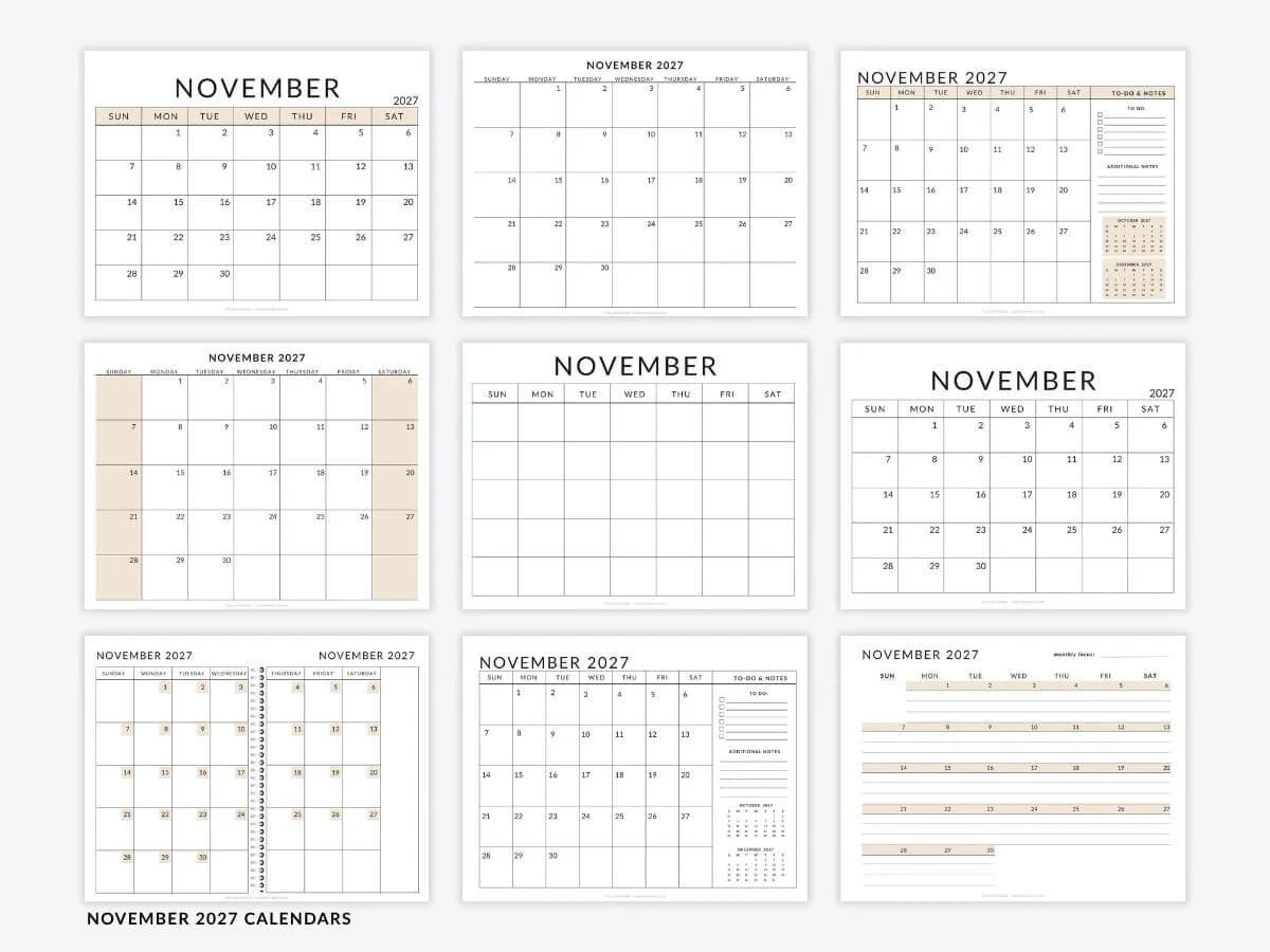 November 2027 Calendar Templates Free Printable Pdfs