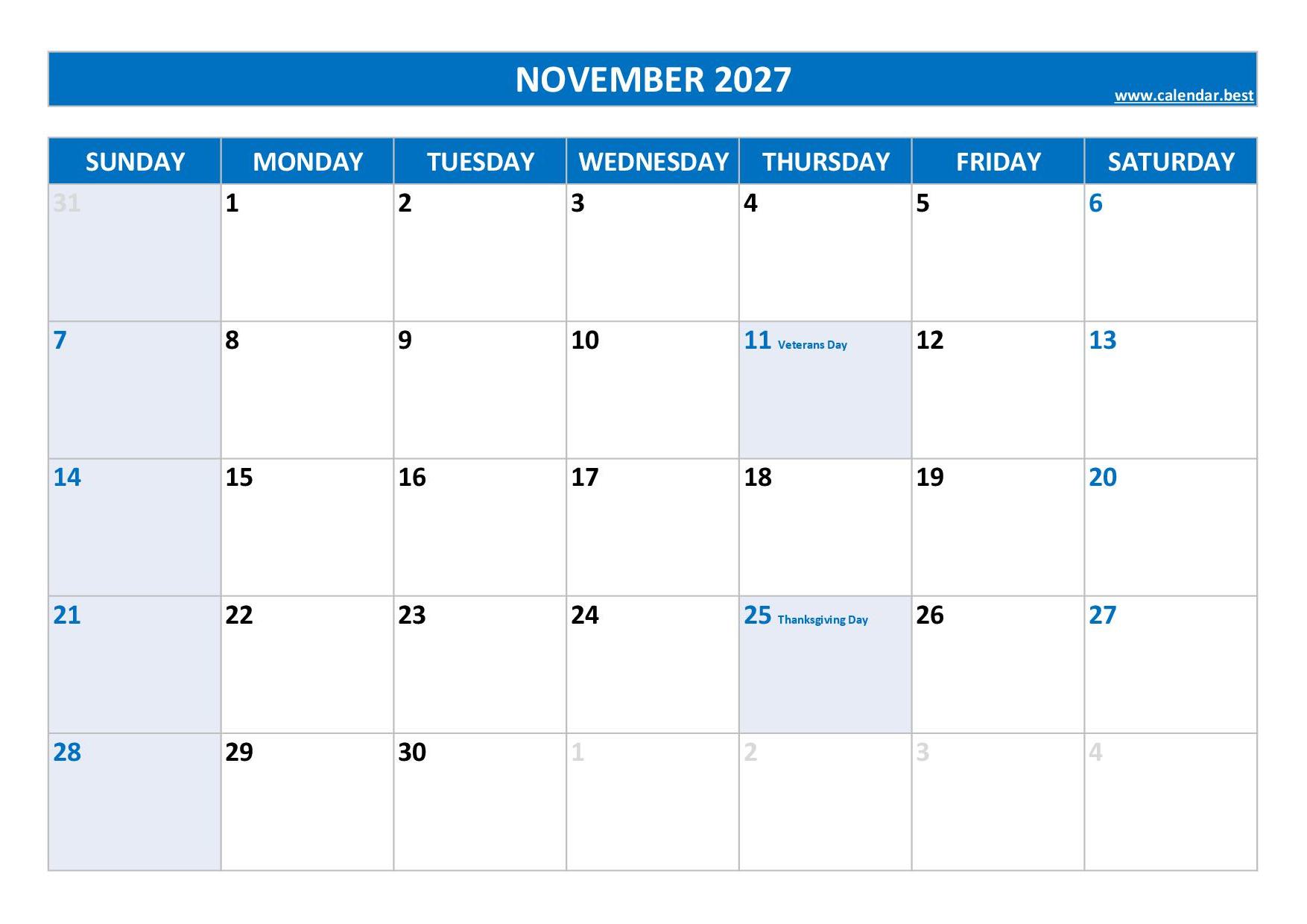 November 2027 Calendar November 2027 Calendar