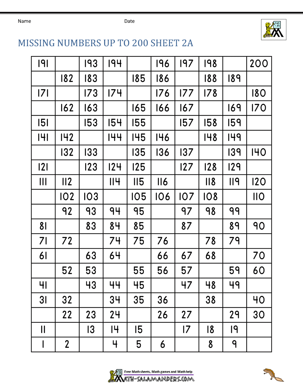 Number Grid Up To 200