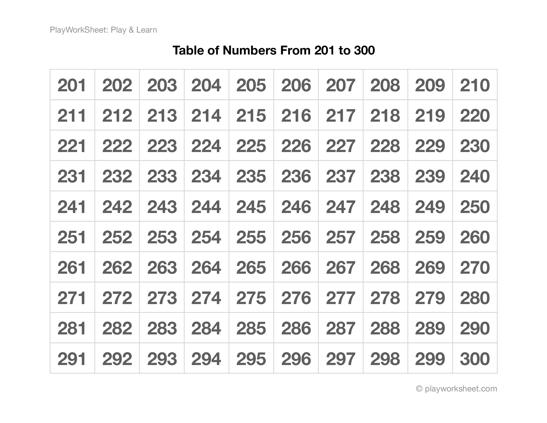 Number Table 201 300