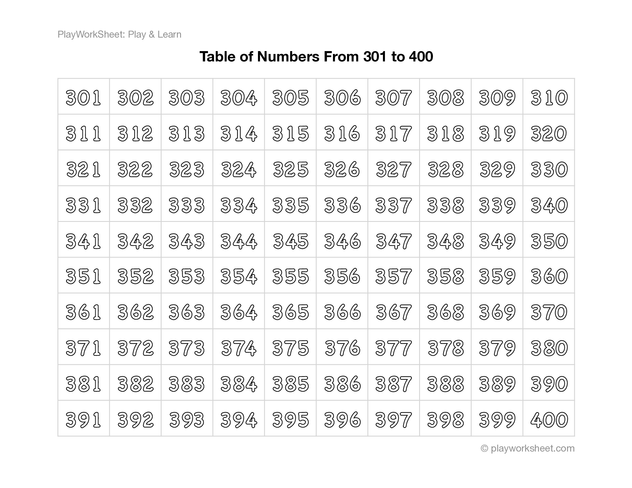 Number Table 301 400