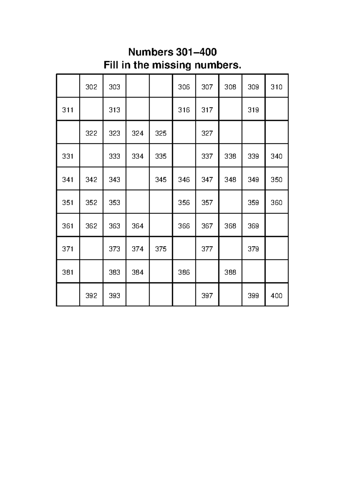 Numbers 301 400 Random Missing