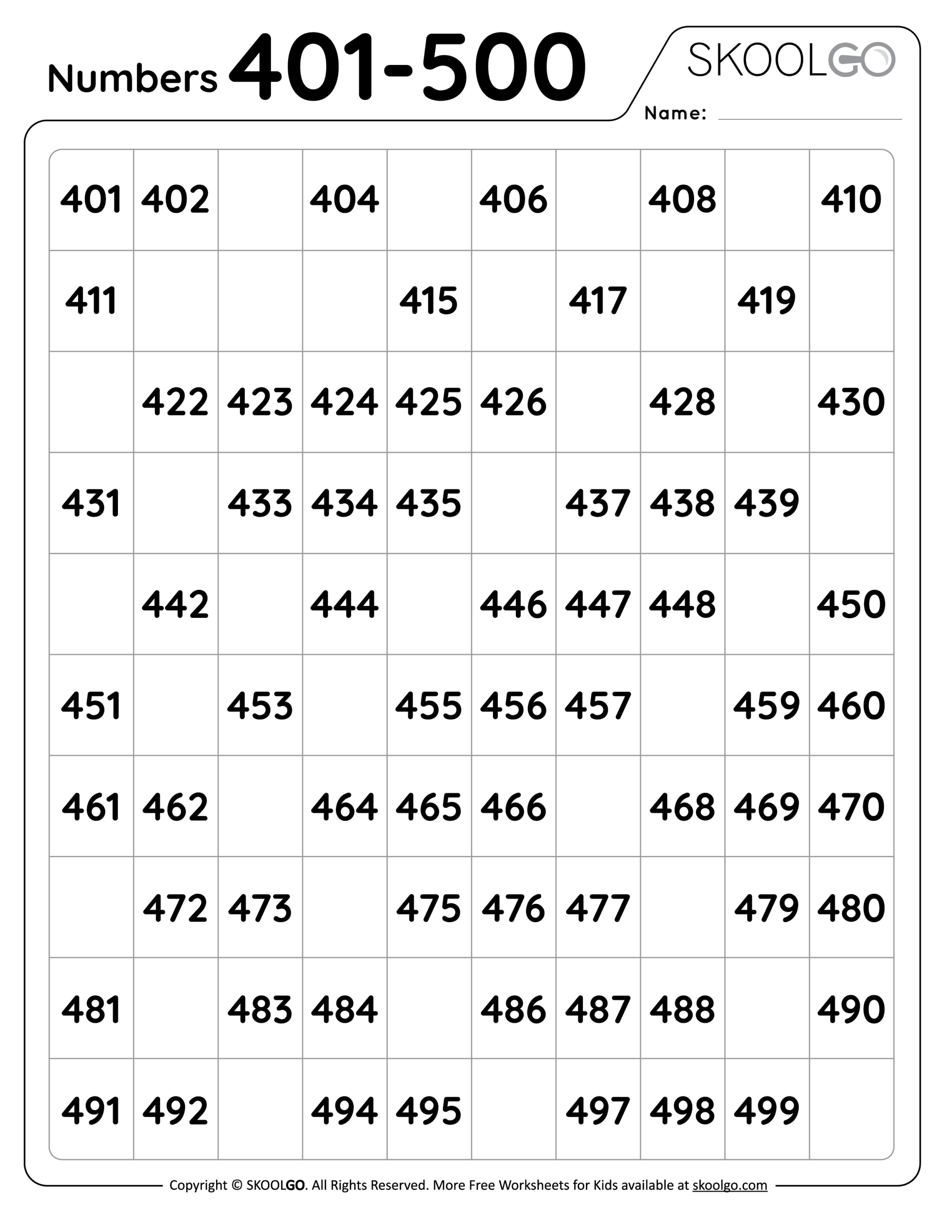Numbers 401 To 500