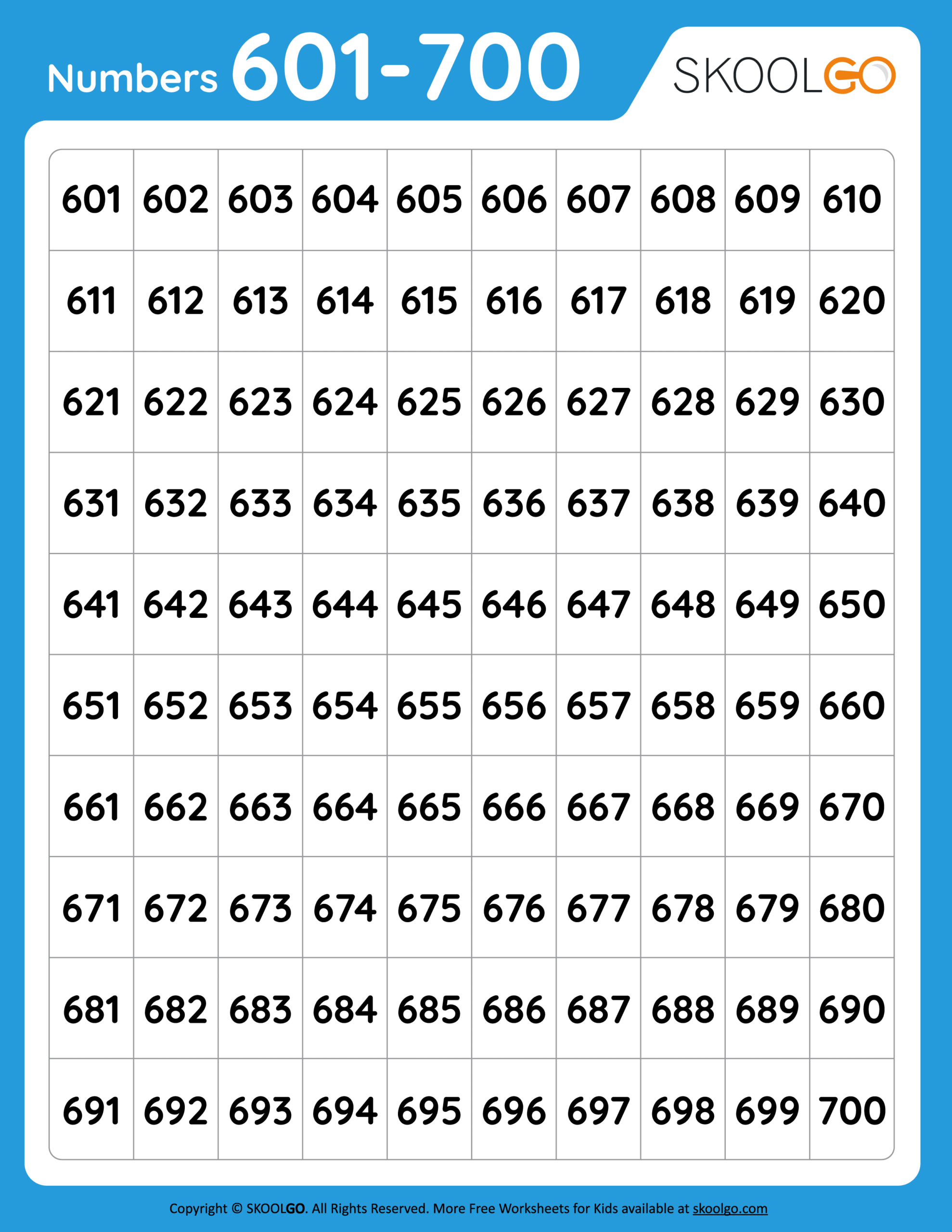 Numbers 601 To 700