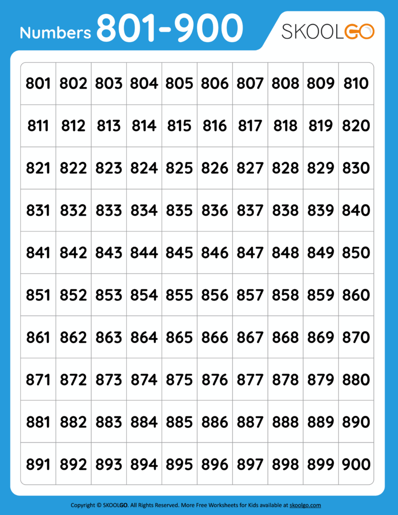 Numbers 801 To 900