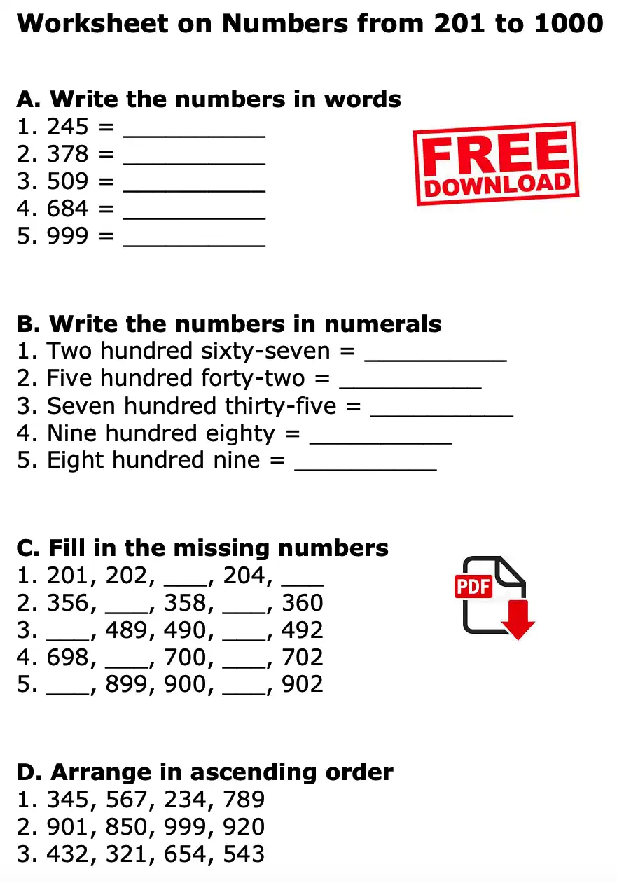 Numbers From 201 To 1000