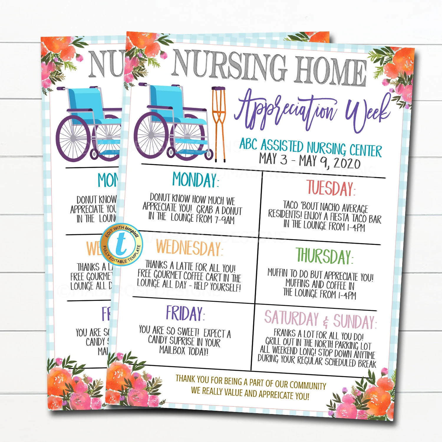 Nursing Home Editable Activity Calendars
