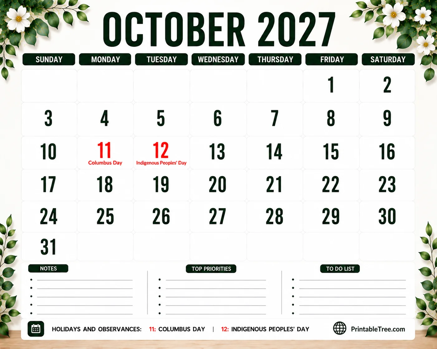October 2027 Calendar Printable