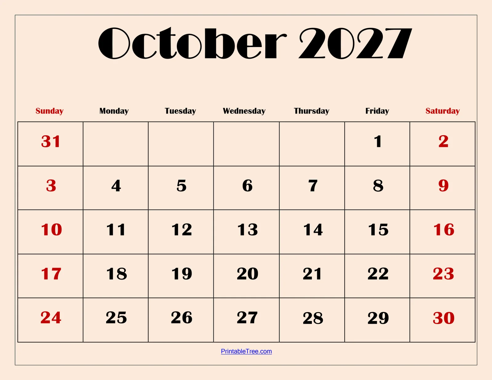 October 2027 Calendar Printable