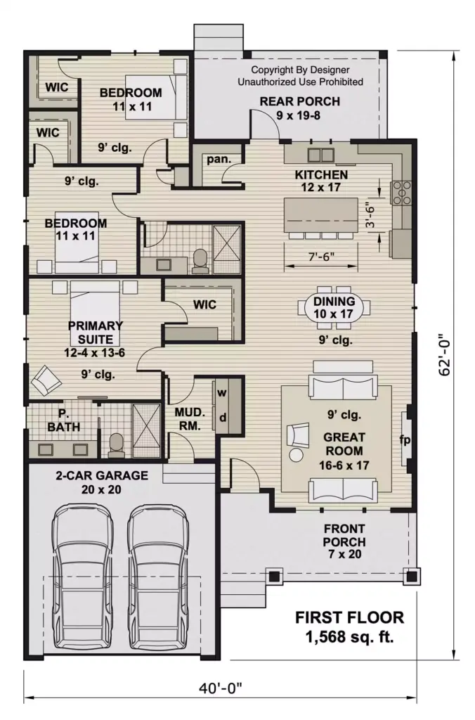One Story Bungalow Style House Plan 10349