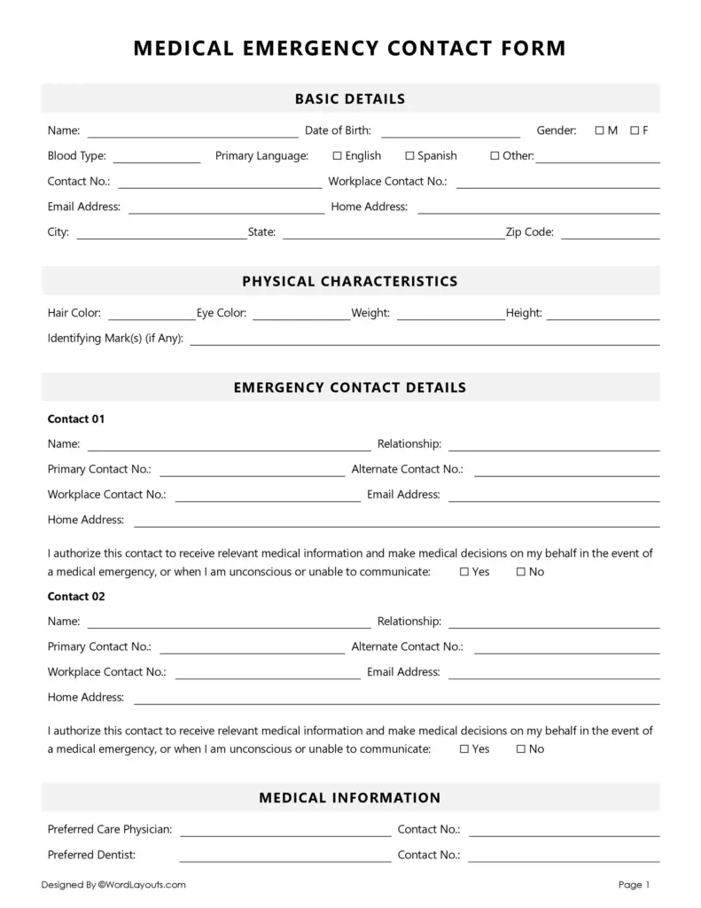 Patient Emergency Contact Form Template