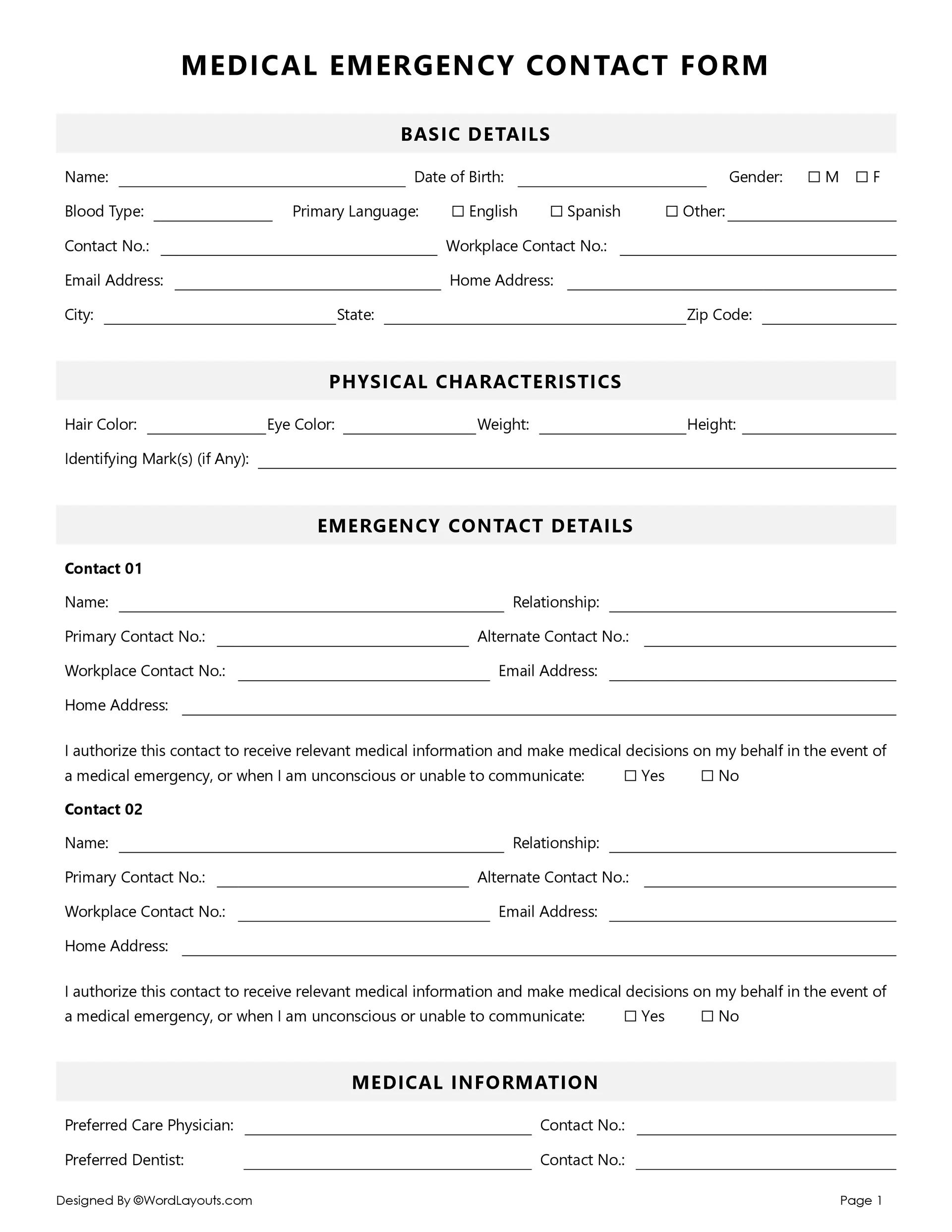 Patient Emergency Contact Form Template