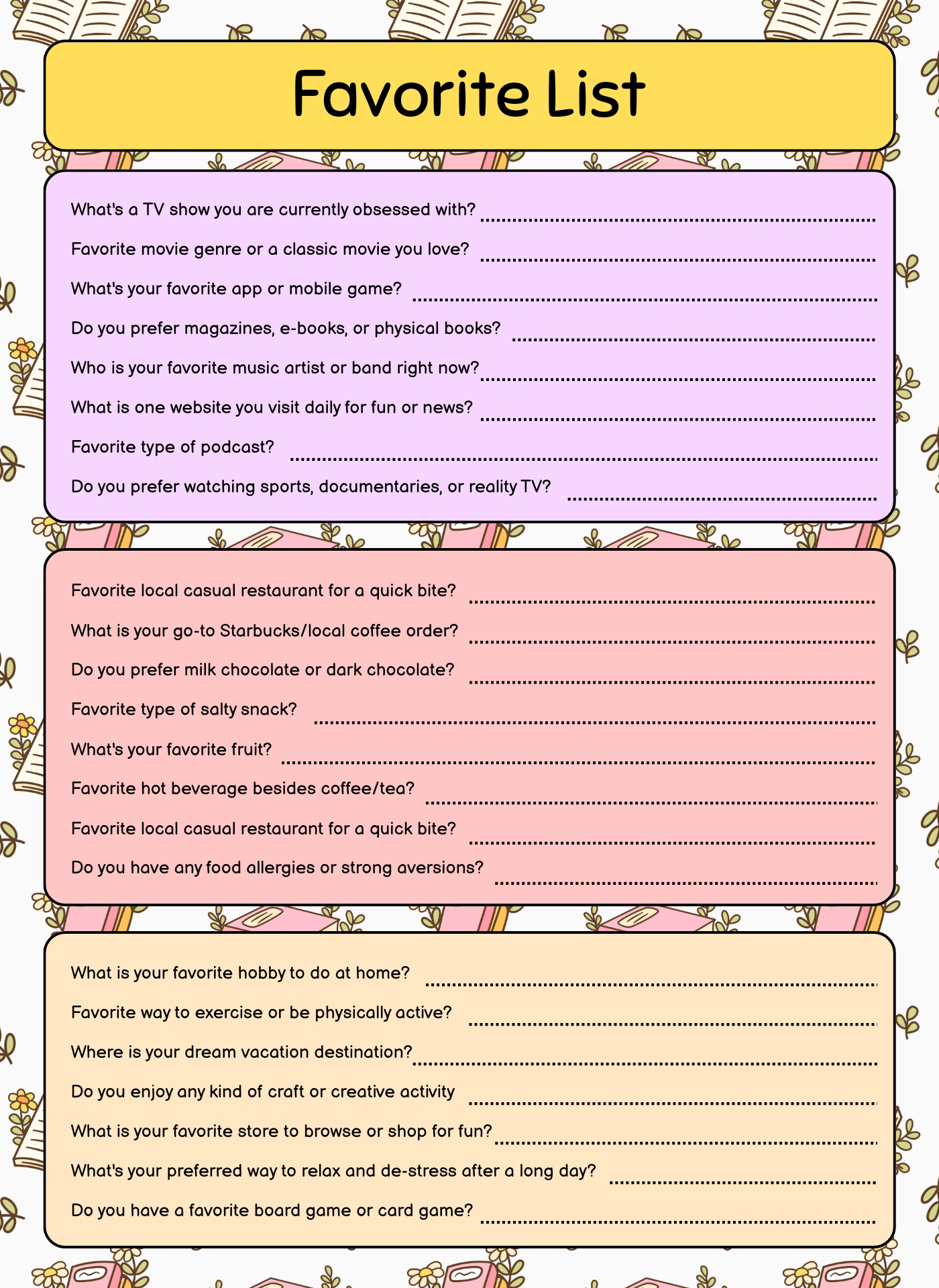 Post My Favorite Things Template Printable 234883