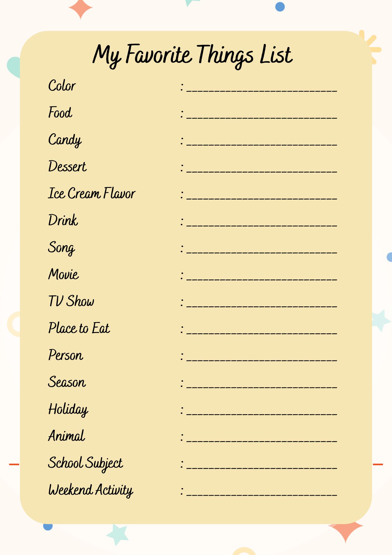 Post My Favorite Things Template Printable 234883