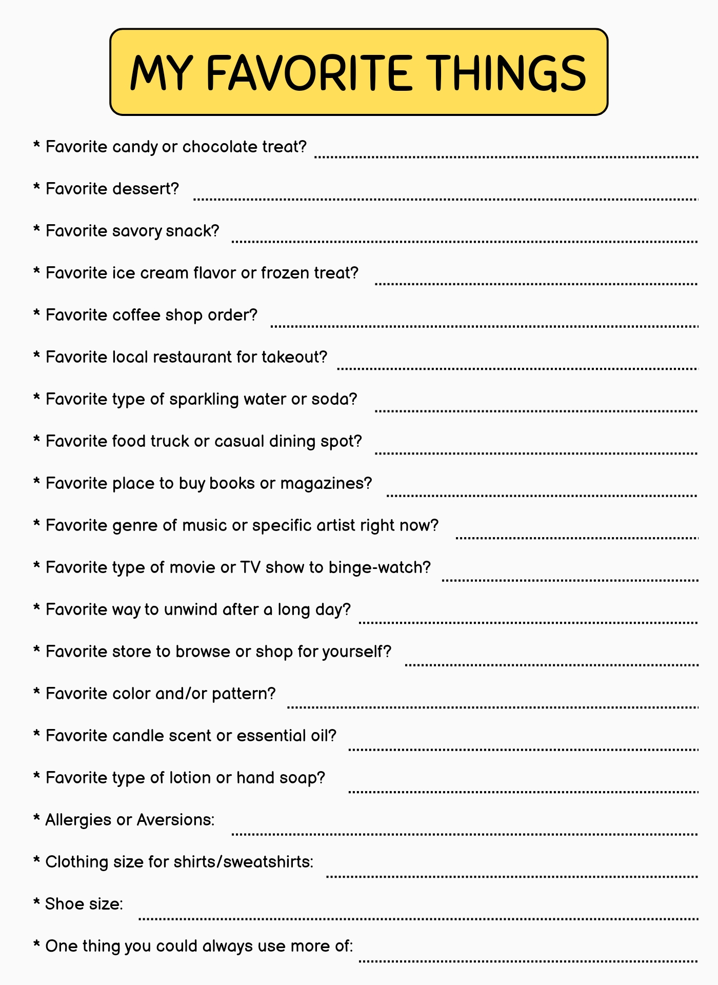 Post My Favorite Things Template Printable 234883