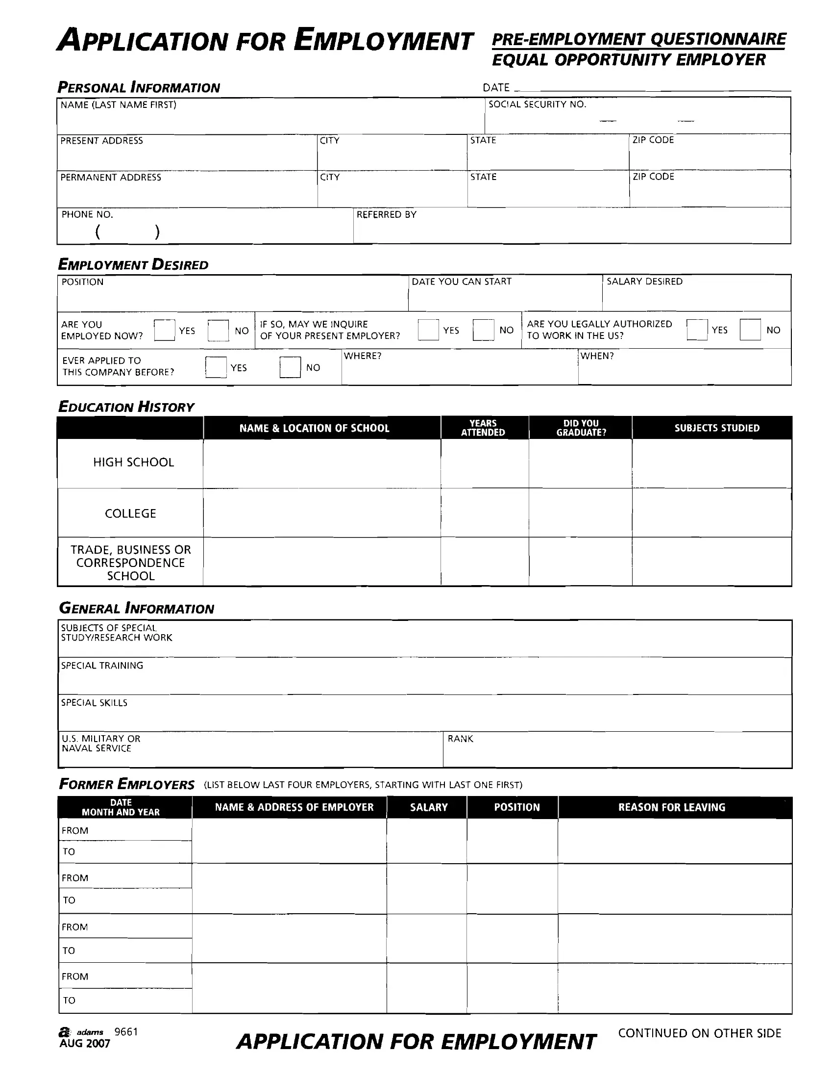 Pre Employment Questionnaire