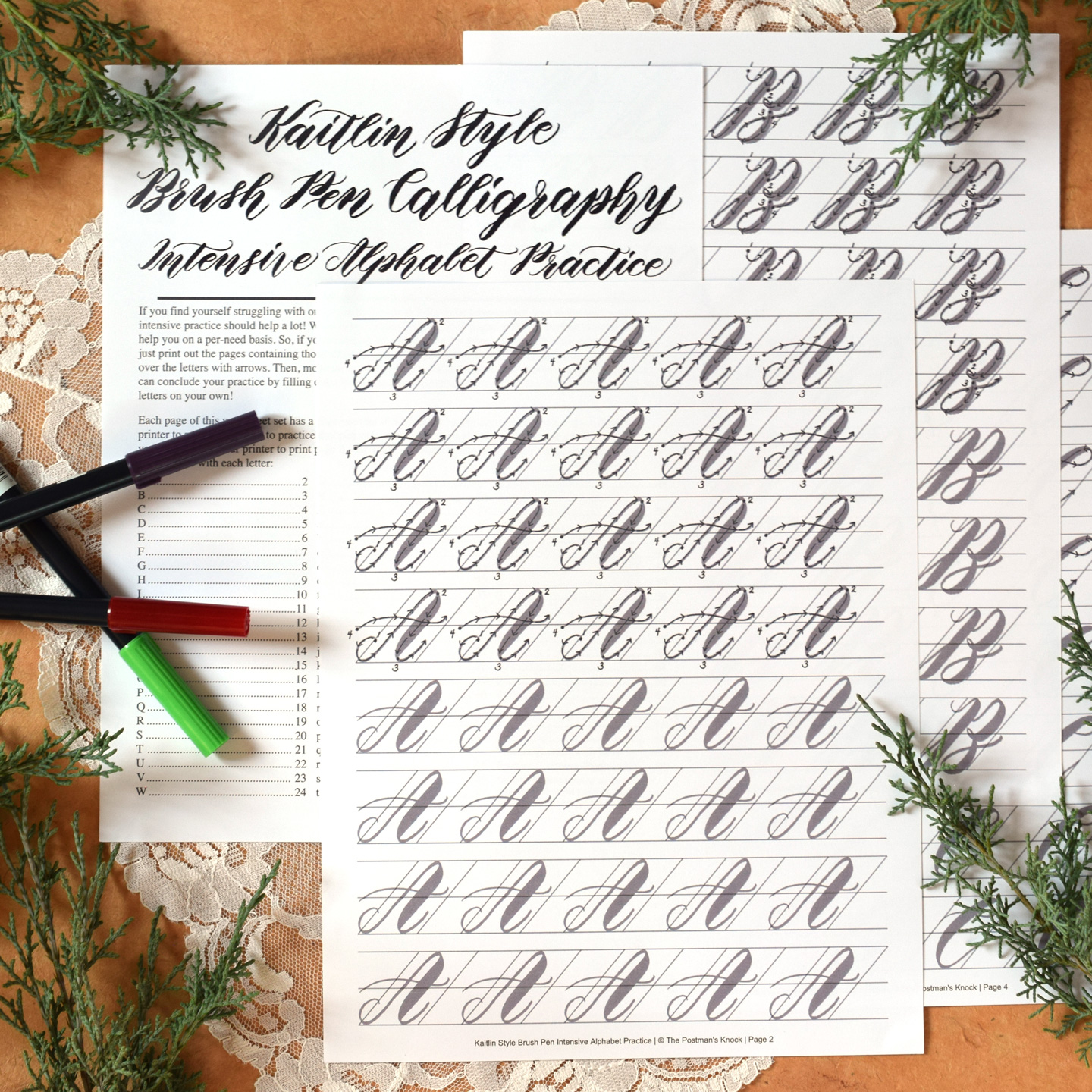 Premium Brush Pen Calligraphy Worksheet Set Kaitlin Style