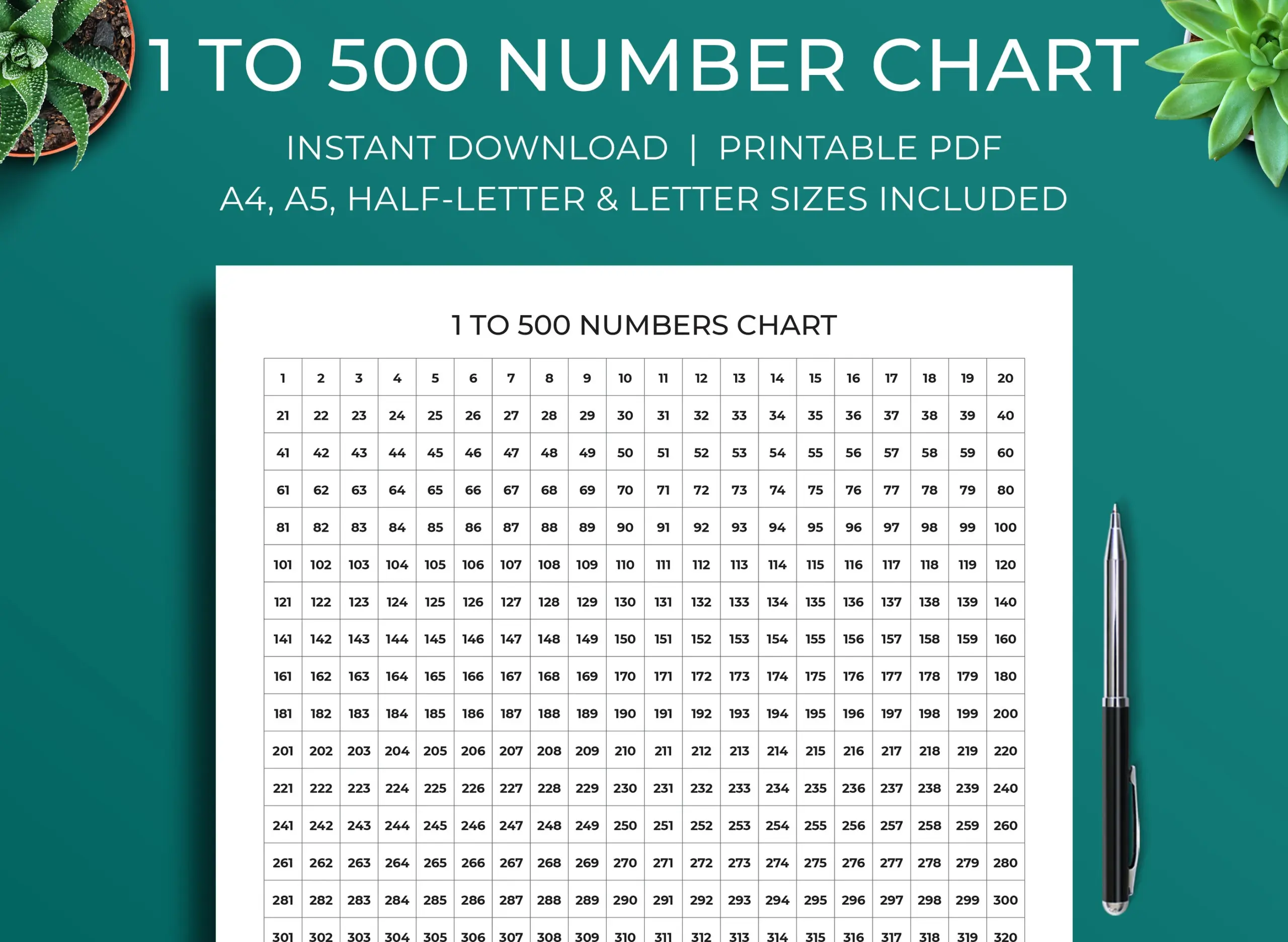Printable 1 To 500 Number Chart A4 A5