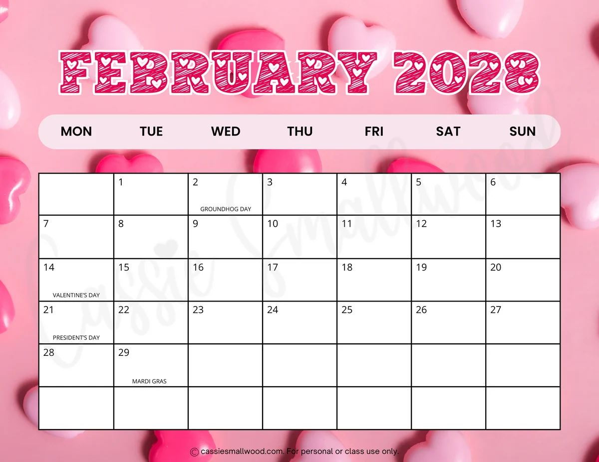Printable 2028 Monthly Calendar With Holidays Monday Start