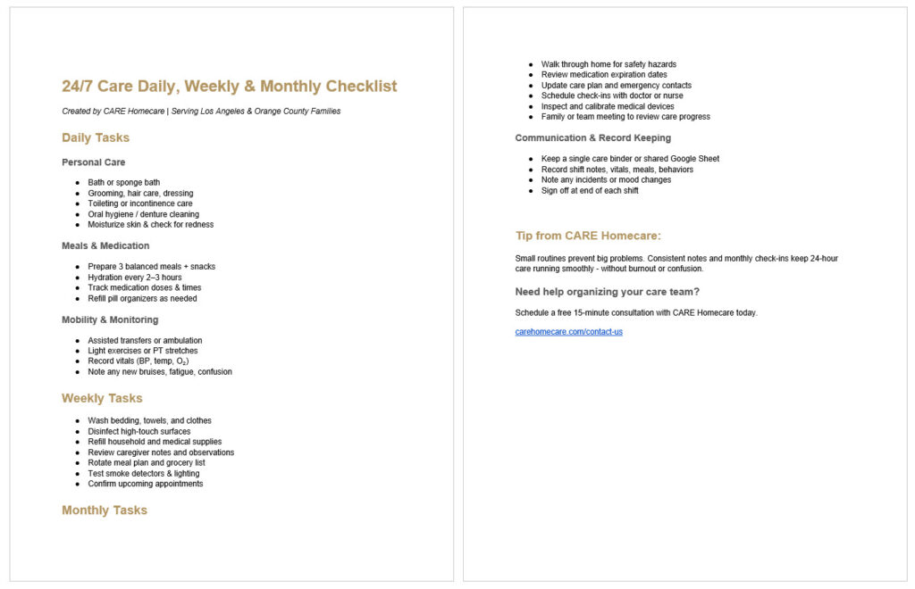 Printable 24 7 Care Checklist Pdf