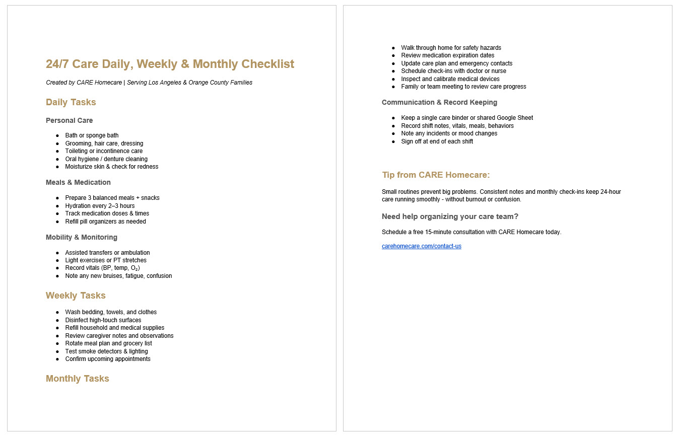 Printable 24 7 Care Checklist Pdf