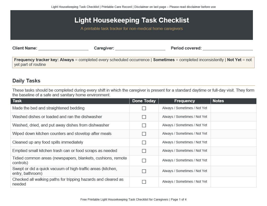 Printable 24 7 Care Checklist Pdf