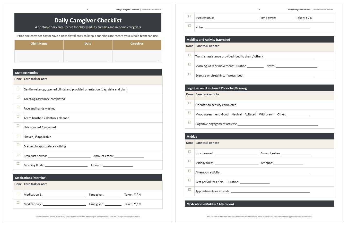 Printable 24 7 Care Checklist Pdf