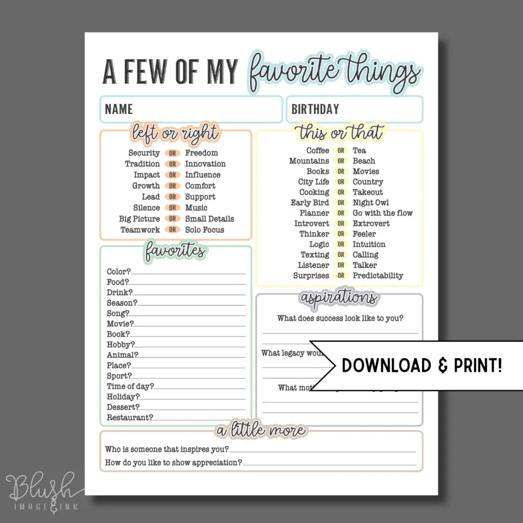 Printable All About Me Favorites
