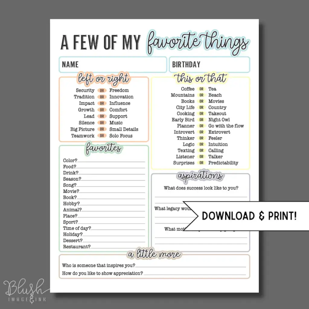 Printable All About Me Favorites