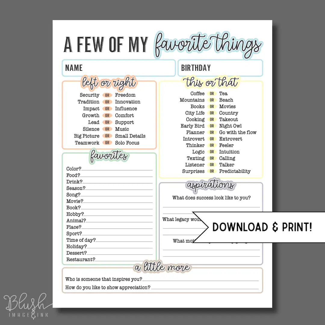 Printable All About Me Favorites