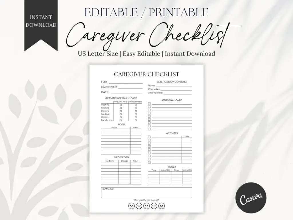Printable Caregiver Checklist Senior