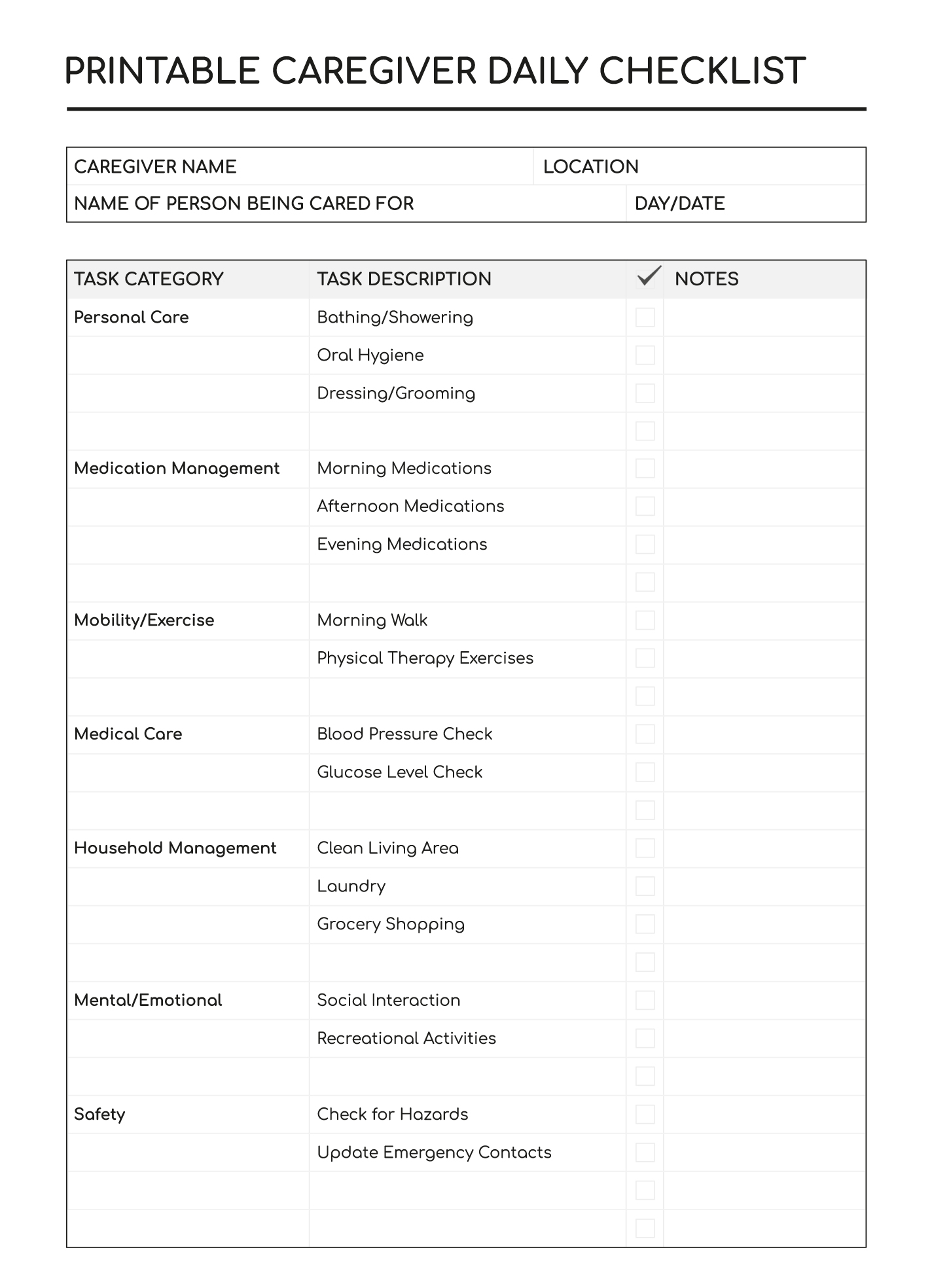 Printable Caregiver Daily Checklist Free Google Docs Template