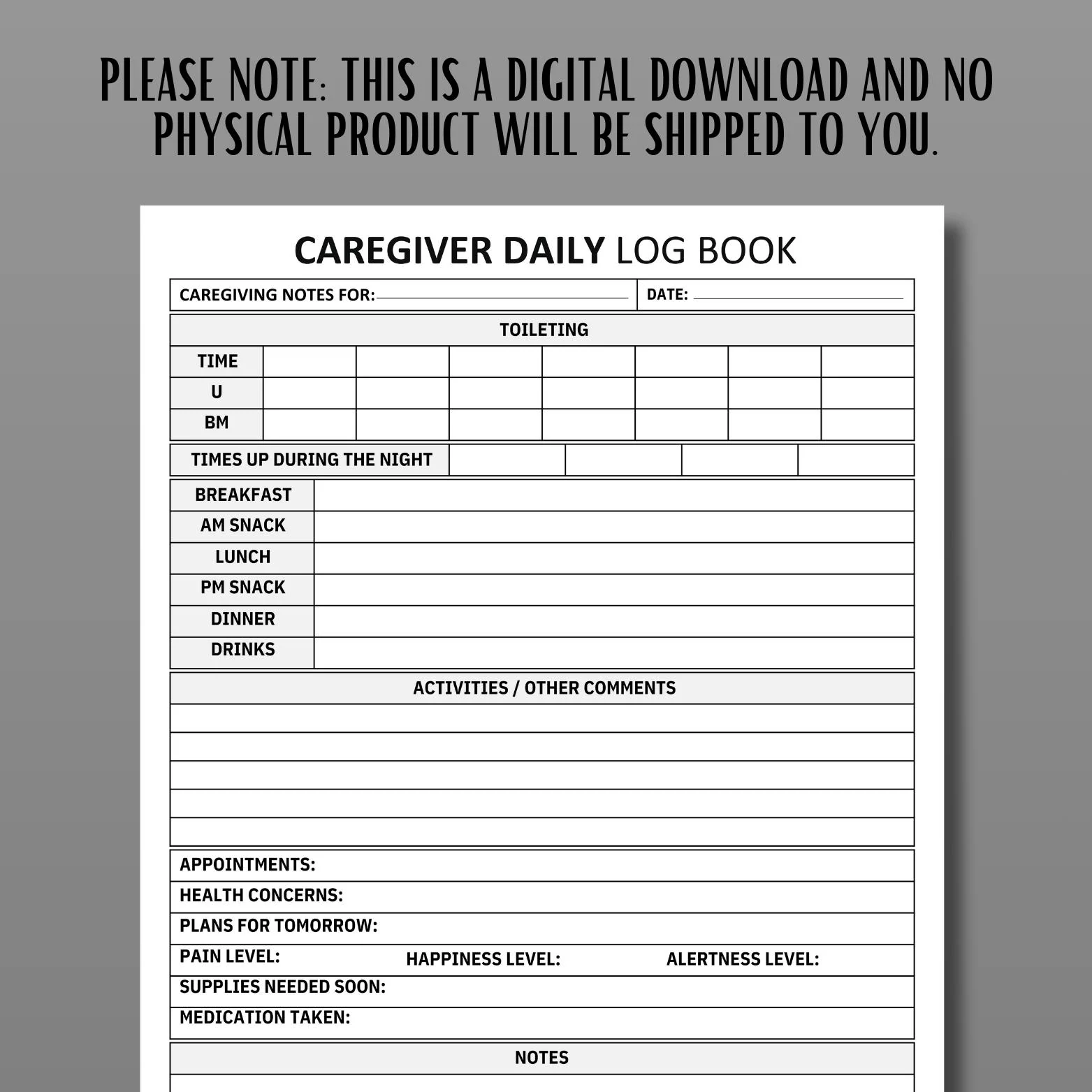 Printable Caregiver Daily Log Senior