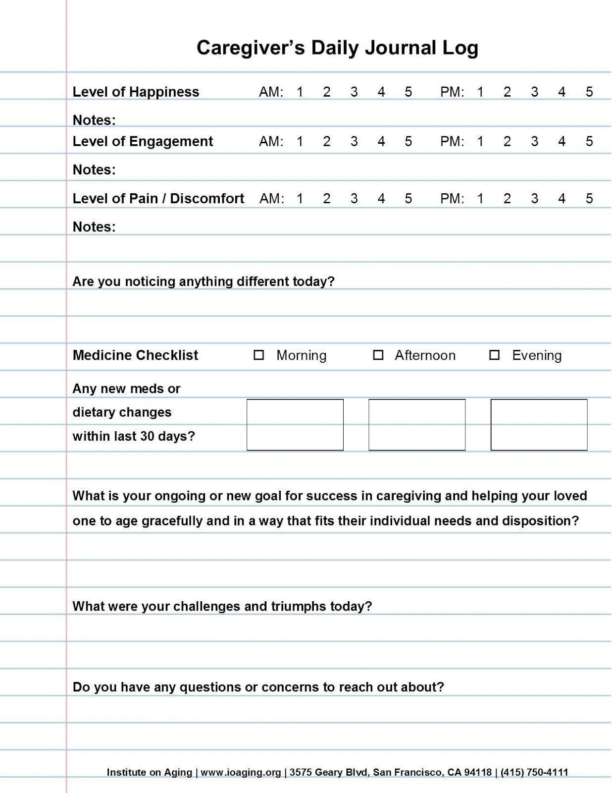 Printable Caregiver Daily Log Sheet