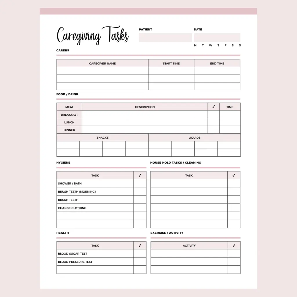 Printable Caregiving Daily Task Checklist