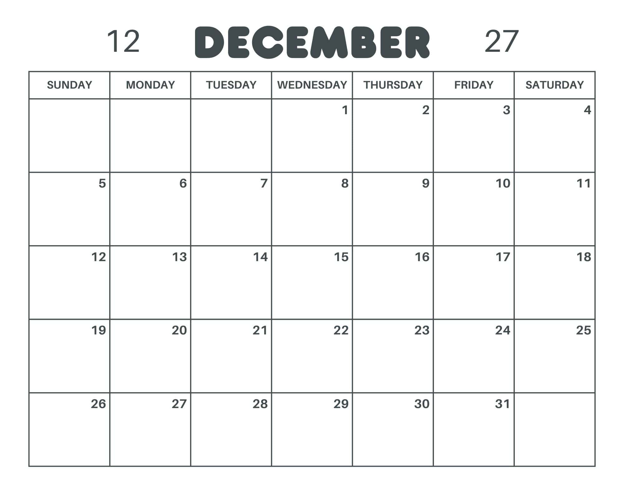 Printable December Calendar