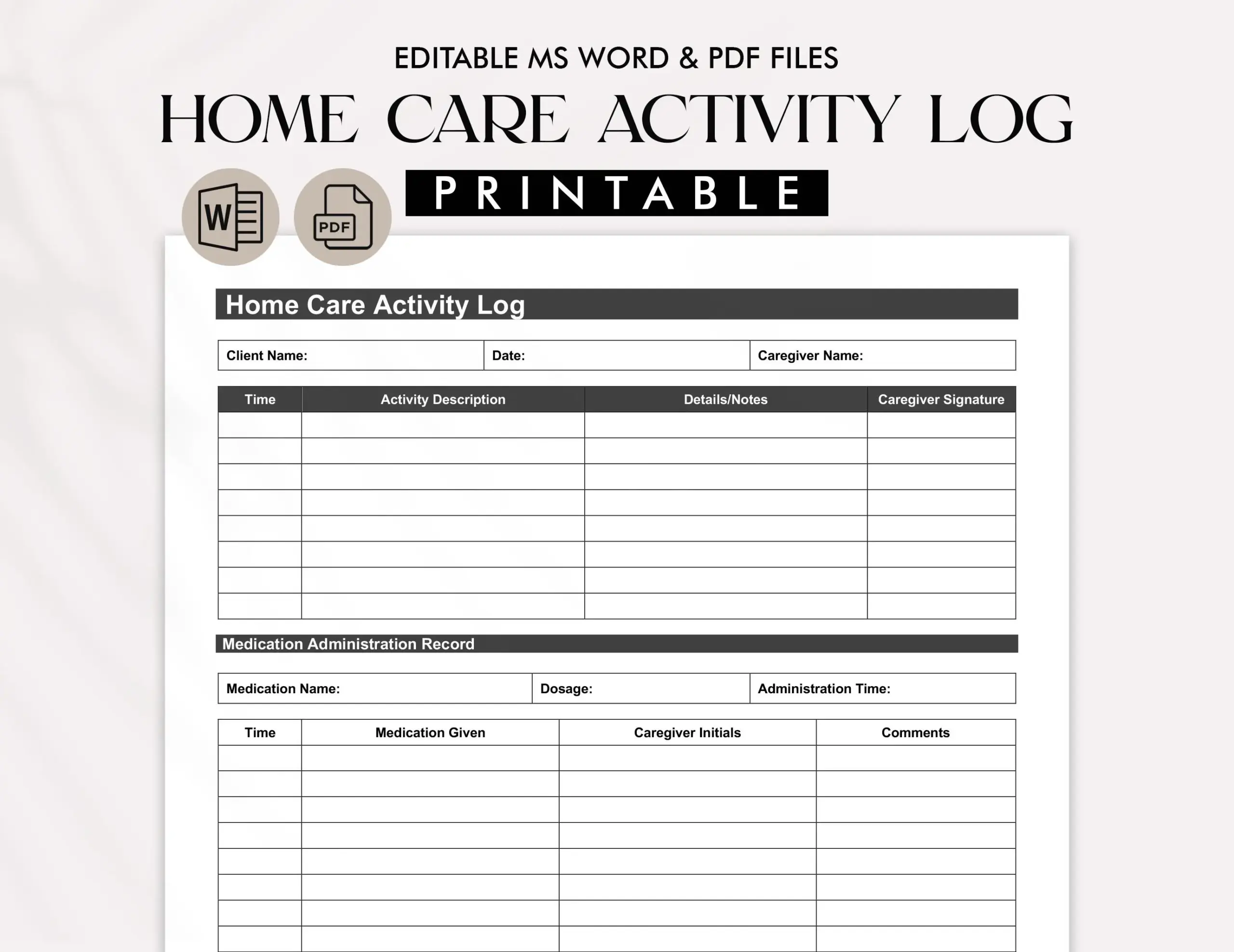 Printable Elderly Activity Log