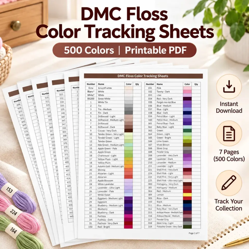 Printable Embroidery Floss Tracker Sheets 500 Colors
