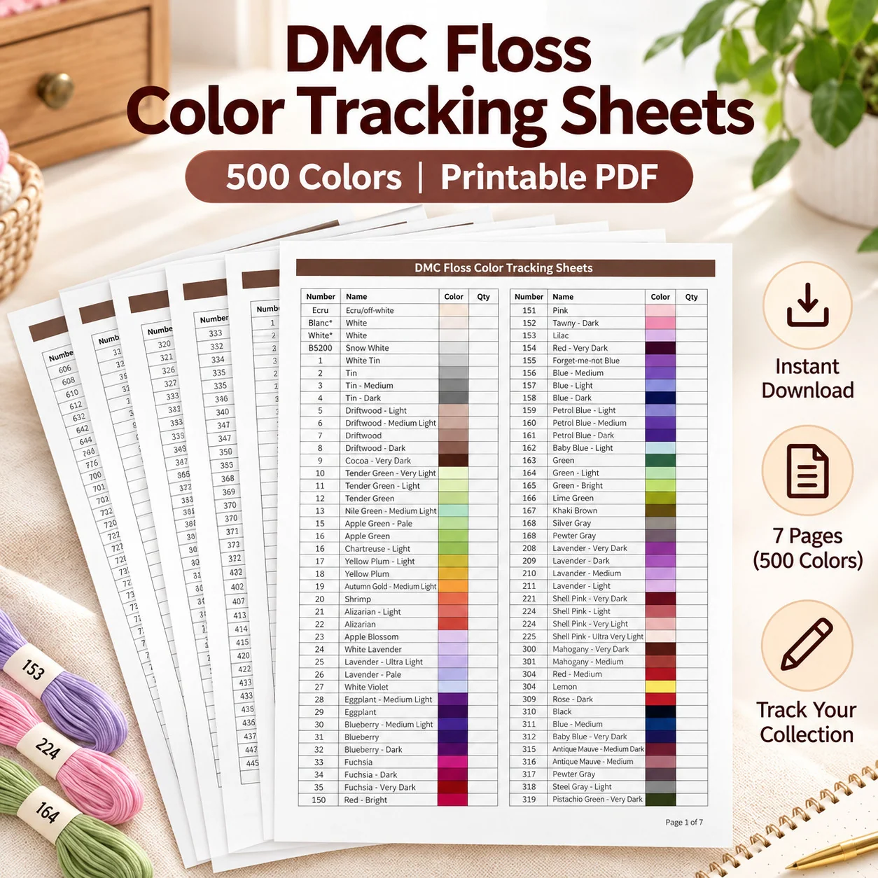 Printable Embroidery Floss Tracker Sheets 500 Colors