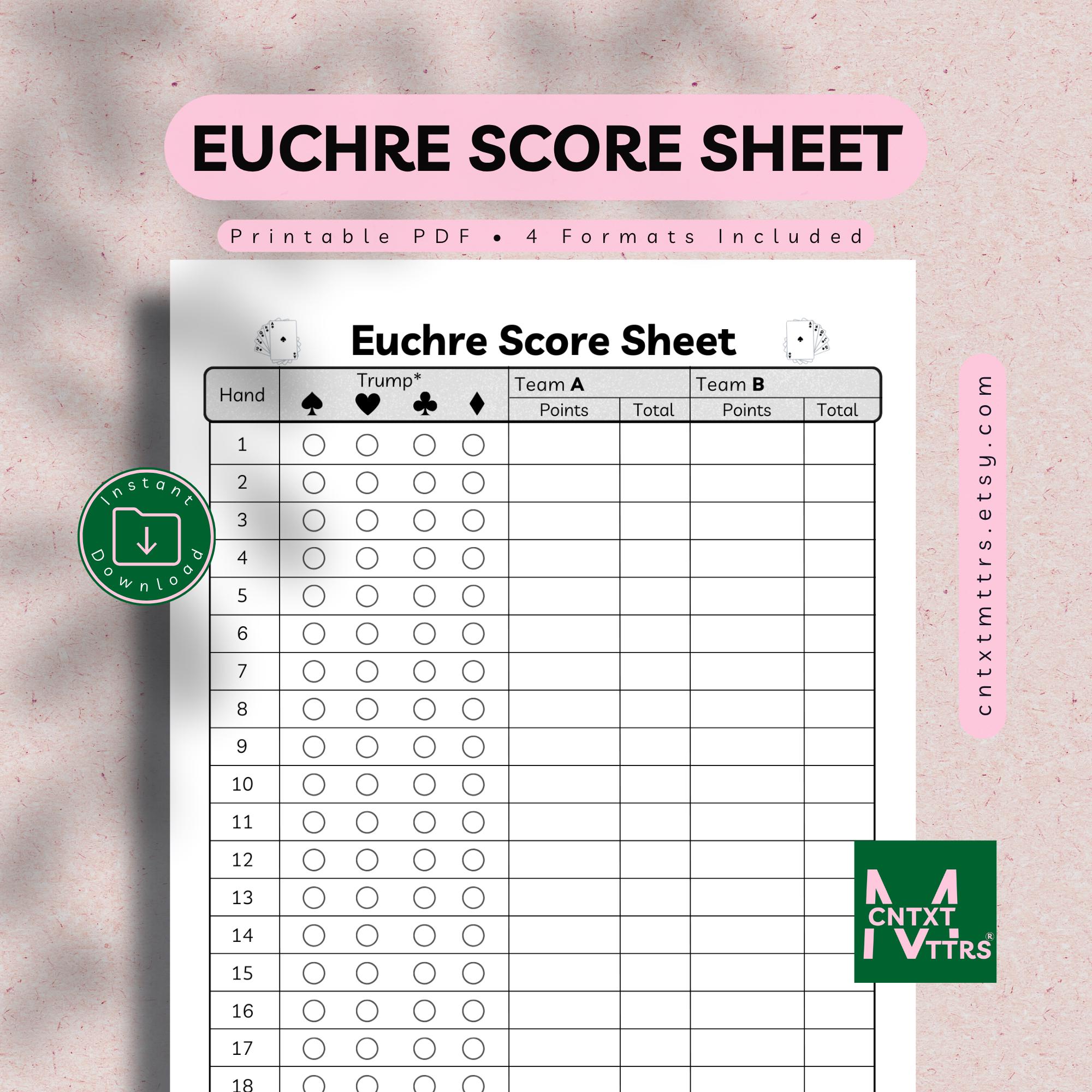 Printable Euchre 4 Table Scorecards