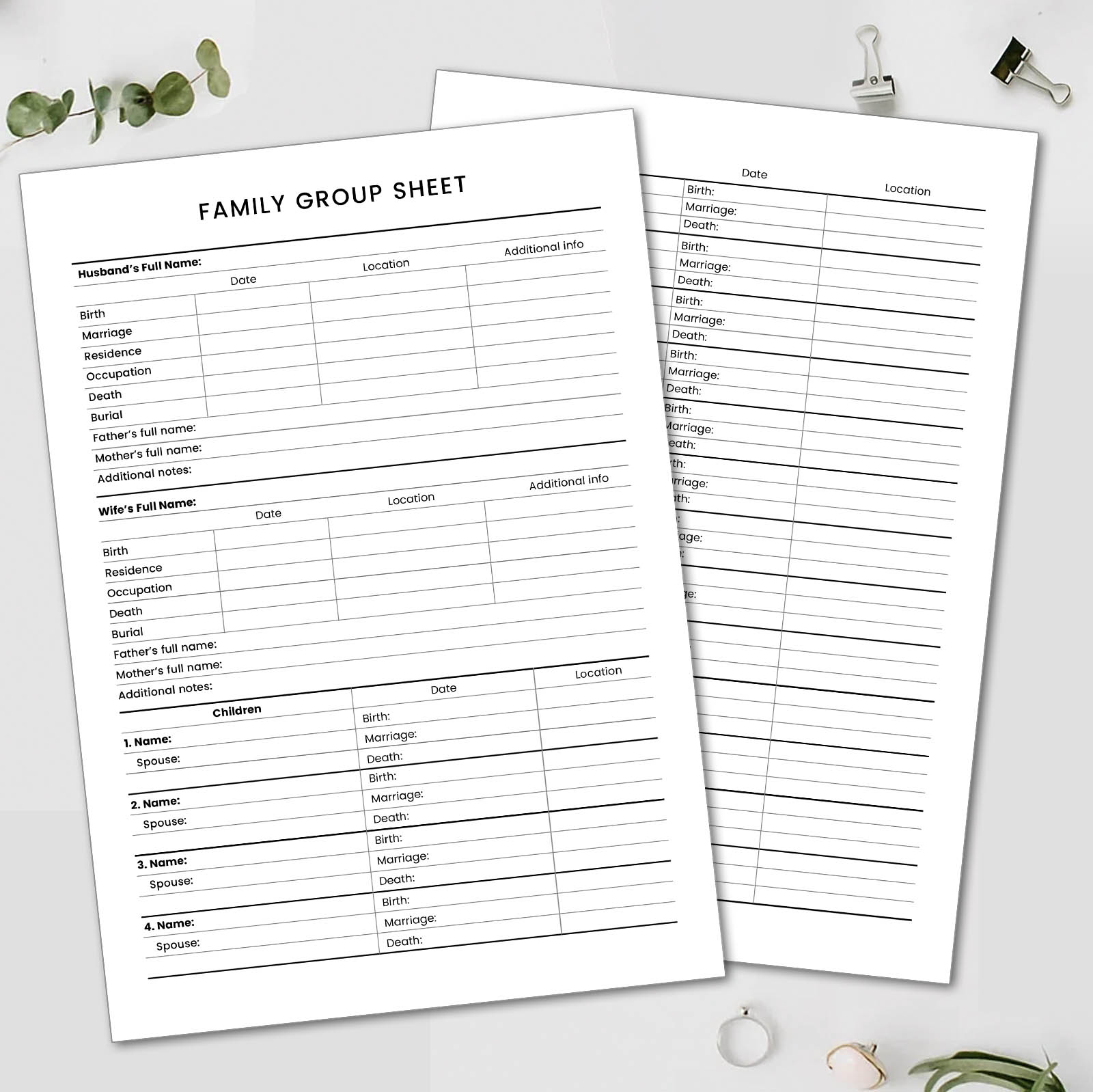 Printable Family Group Sheet Up To 17 Children A4 Us Letter Pdf Jpg