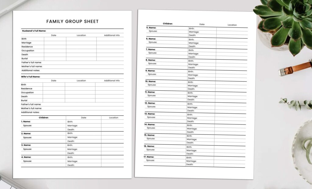 Printable Family Group Sheet Up To 17 Children A4 Us Letter Pdf Jpg
