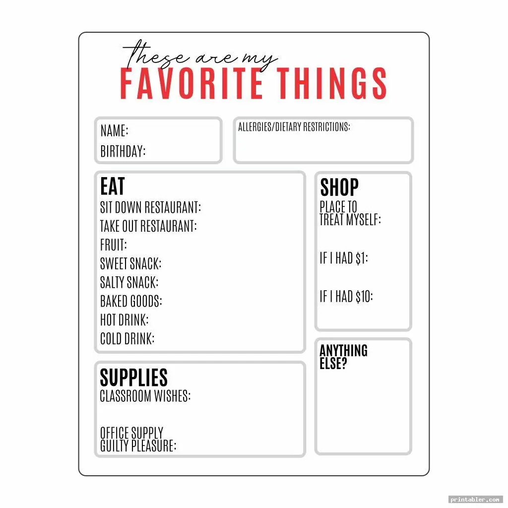 Printable Favorite Things Template