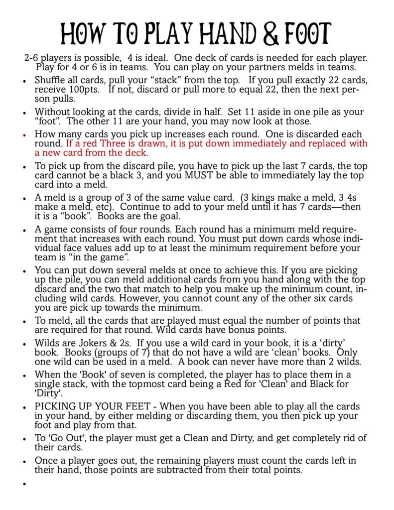 Printable Hand Foot Rules Cheat Sheets
