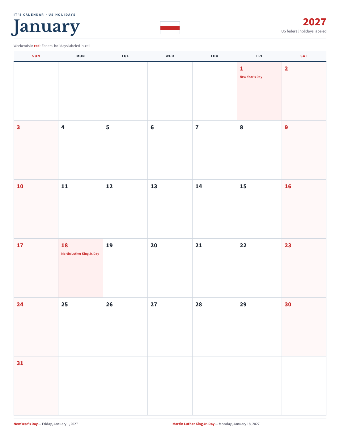 Printable January Calendar
