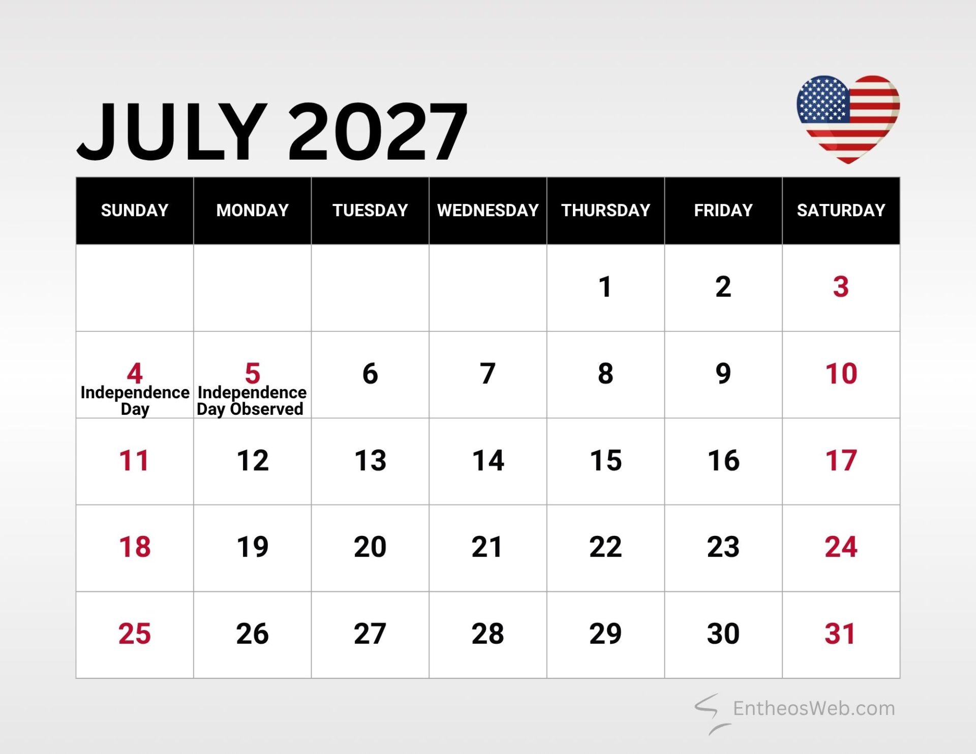 Printable July Calendars With Holidays